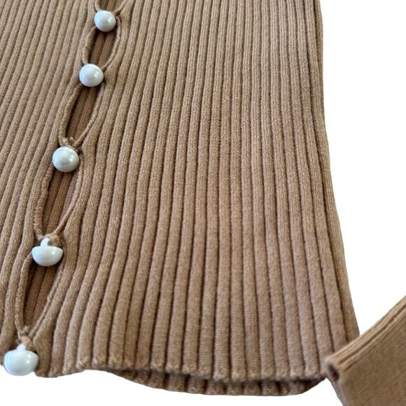 NWT Crescent Neutral Tan Ribbed Knit Balloon Sleeve Blouse, Small - Picture 6 of 7